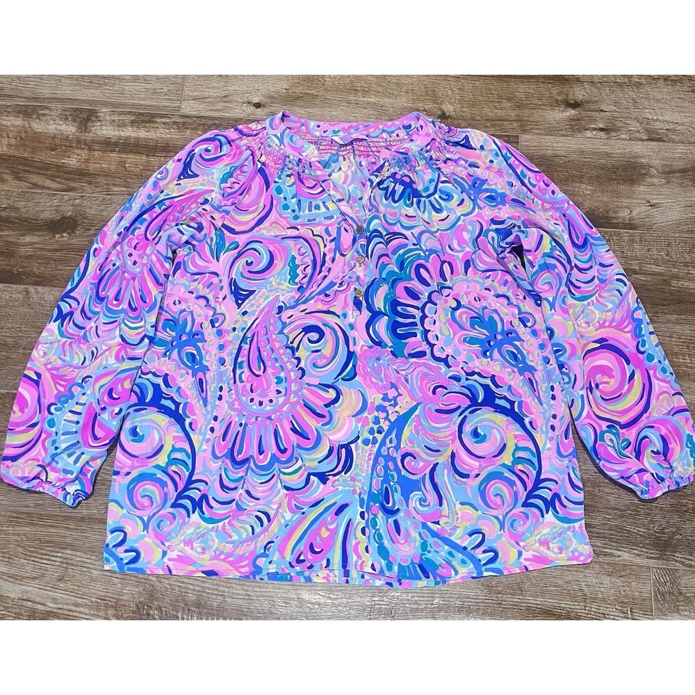 Lilly Pulitzer Elsa Silk Top Large Pink Southern Charm Floral Paisley Blouse